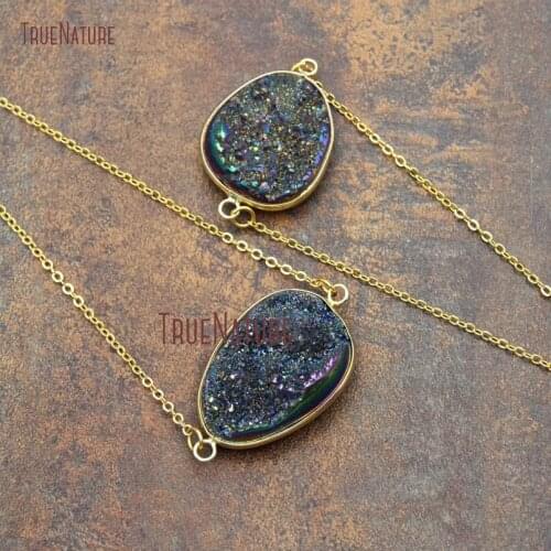 Fashionable Druzy Crystal Rainbow Color Tear Drop Shape Connectors Necklace Gold Copper Chains In 18 inch NM11428