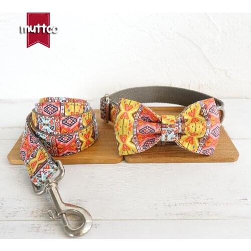 MUTTCO Metal buckle big small pet accessory bow-tie THE GRAY BOHEMIAN uique folk style dog collar and leash set 5 sizes UDC051