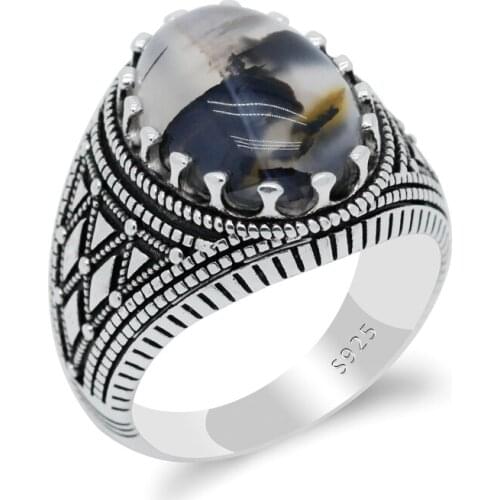 Vintage Mens Ring 925 Sterling Silver With Oval Natural Agate Stone Plaid Stripes Design Turkish Rings Jewelry to Husband Gift