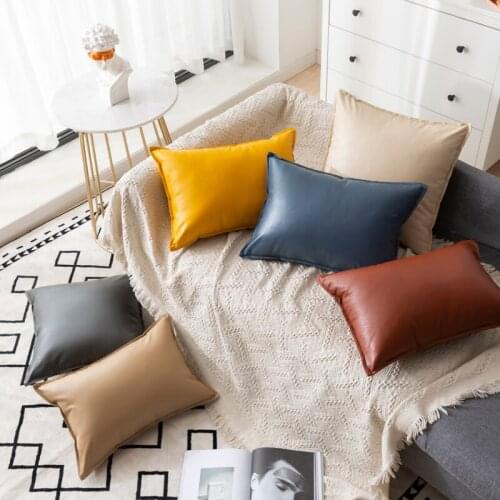 Nordic Solid Color Rectangle Pillow Elastic Waist Back Seat Cushion Stuffed Cotton Headrest PU Leather Pillowcase For Decoration