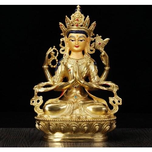 Wholesale Buddhist supplies patron saint Tibet Nepal gold-plating brass Four-arm Guanyin Buddha HOME Family GOOD Buddha statue