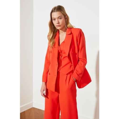 Orange Button Detailed Blazer Jacket and Buttoned Vest Plus Size Womens Elegance Minimalist High Street Casual Office Style