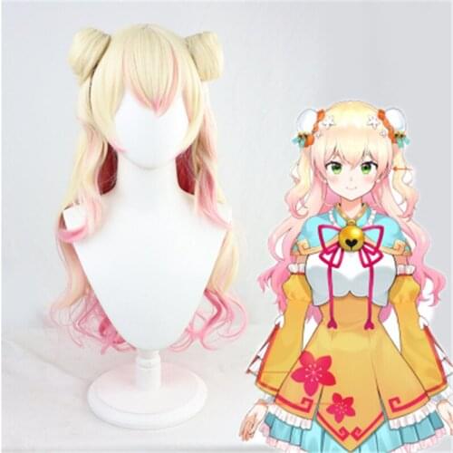 Anime VTuber Hololive Momosuzu Nene Cosplay Wig Double Bun Long Wavy Heat Resistant Synthetic Hair Halloween Carnival + Free Wig