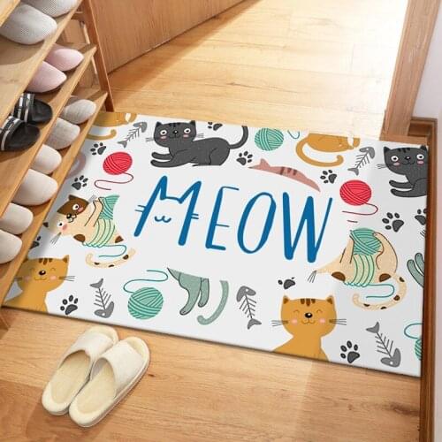 Happy Rabbit Cat Meow Print Door Mat Flannel Floor Area Rug Carpet Bath Living Room Doormat Non-Slip Anime Entrance Mat