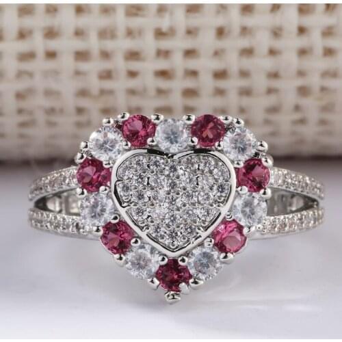 Cute Romantic Rings for Women Fine Jewelry Red/white Heart Shaped Zirconia Temperament Bridal Wedding Engagement Ring