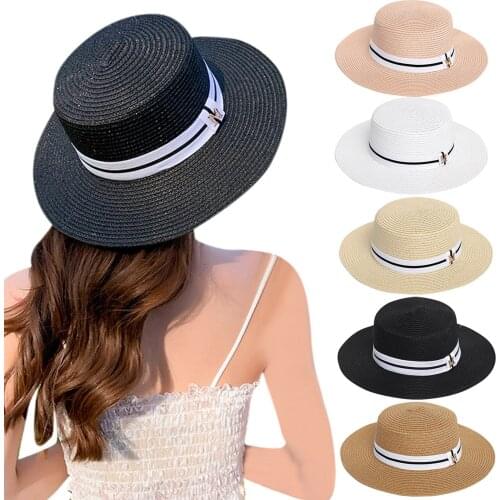New Summer Womens Boater Beach Hat Wide Side Female Casual Panama Hat Lady Classic Flat Bowknot Straw Sun Hat Women Hat