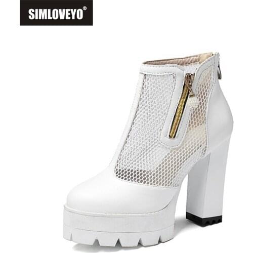 SIMLOVEYO Summer Ankle Boots 11cm Block Thick Heels Round Toe Hollow Out 4cm Platform Zip Pearl Black White Big Size 32-43 A3956