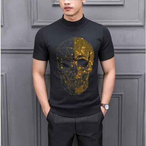 Rhinestones Short Sleeve Knitted Skulls Sweaters Male Pullovers Men Fashion Warm Knitting Jumper Men Diamond stone Sweater