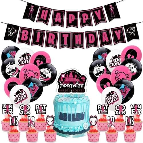 Girls Fortnite Cake Card Topper Birthday Party Dessert Cupcake Paper DIY Home Decoration pink Balloon Set Banner Kids Child Boy