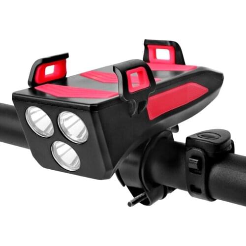 4 in 1 Bike Front Light Phone Holders & Stands LED Headlight Horn Bell Phone Bracket Holder USB Rechargeable Bicycle Light