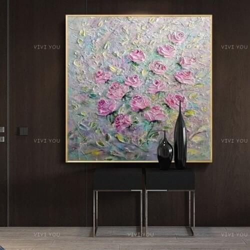 High Quality Gray Pink Rose Point Abstract Dreamlike Shading Method Oil Painting Canvas Handmade Painted Home Decor Artwork