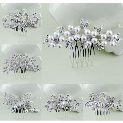 TREAZY Diamante Silver Plated Crystal Imitation Pearl Bridal Flower Hair Combs Women Floral Hairpins Wedding Jewelry Accessories