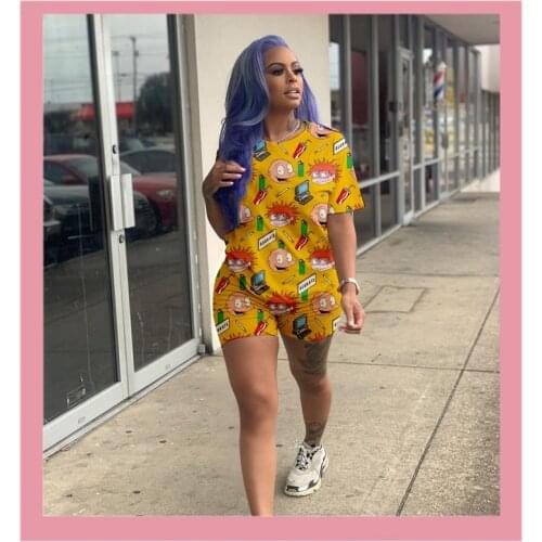 Cute Cartoon Tops And Bikers Shorts Two Piece Sets 2020 Sumemr Short Sleeve Tracksuit For Women Casual Outfits Fitness Clothing
