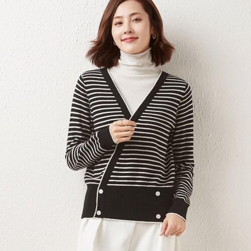 High-Neck Fake Two-Piece Pure Wool Sweater Womens 21 Autumn Winter New Color Matching Striped Pullover Knit Bottoming Shirt Top