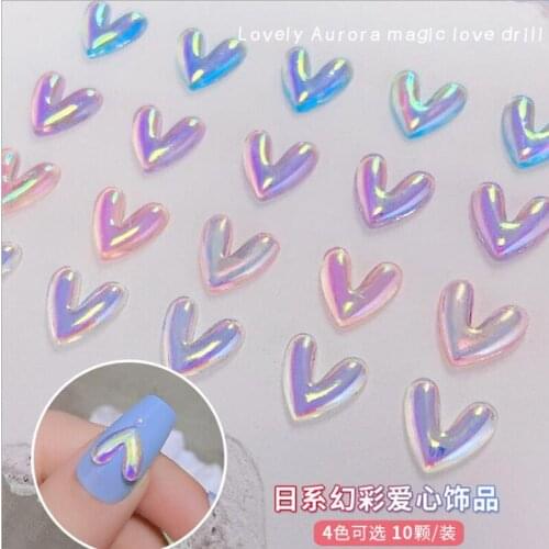 10X10mm Aurora Nail Heart Charms 10pcs-Iridescence Gems Love-V Shapes Crystal Rhinestones,Manicure Charms Jewelry@4Color