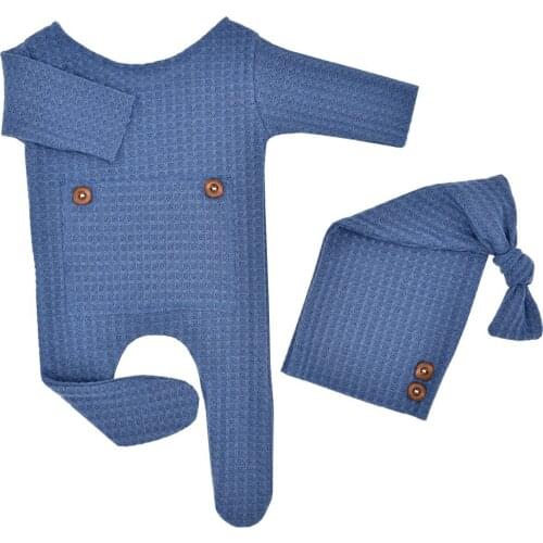 Newborn Baby Photography Props Costume Solid Color Long-Sleeves Footed Romper+Knotted Hat Clothing Suit for Baby Girls Boys 2Pc