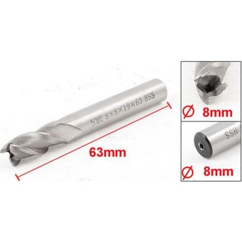 Helical Groove 3 Flute 8mm Dia Cutting Tip HSS Cutter End Mill 63mm Length 2 Pcs