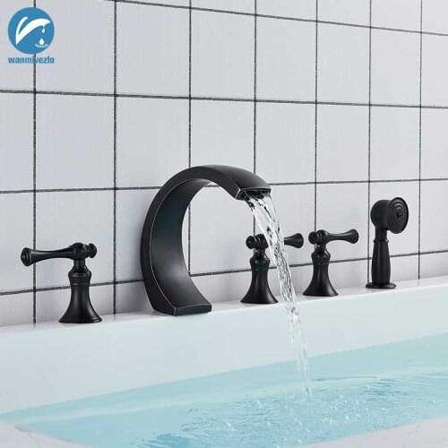 Black Bronze 5pcs Waterfall Bathtub Faucet Brass Waterfall Bathroom Faucet 3 Handles Mixer Tap Torneiras Pull out Handshower