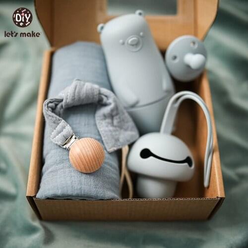 Lets Make 5Pcs Set Baby Care Products 100% Cotton Kids Bath Towel Little Bear Matryoshka Jenga Toys BPA Free Silicone Pacifier