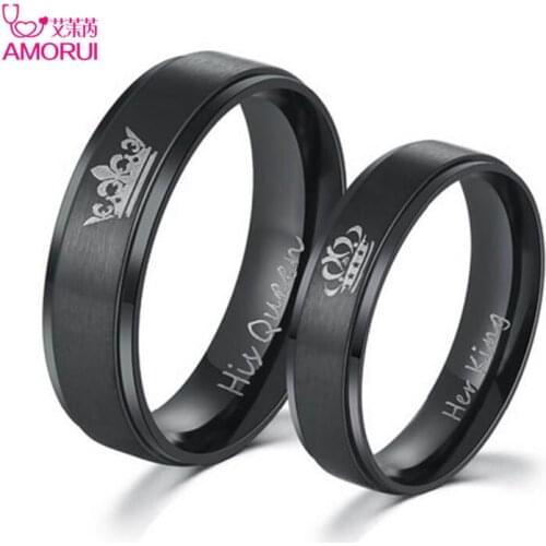 AMORUI Fashion DIY His Queen And Her King Stainless Steel Couple Rings Gun Black Color Wedding/Engagement Ring For Women Men
