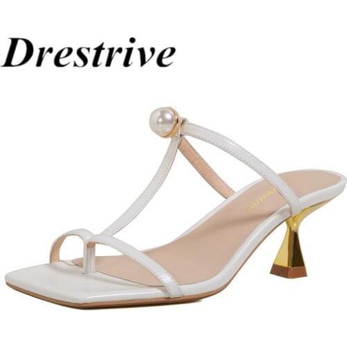 Drestrive Cow Leather Square Toe Women Sandals 2021 Summer Fashion Flip Flops Thin High Heel Shoes Slippers Bead Narrow Band