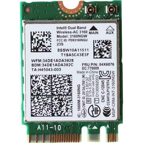 Intel Dual Band Wireless-AC 3160 802.11ac+BT 4.0 WiFi Card For Lenovo Yoga 3,Yoga 500 E50 B51 B70 G40 G70 Z70 Series,FRU 04X6076