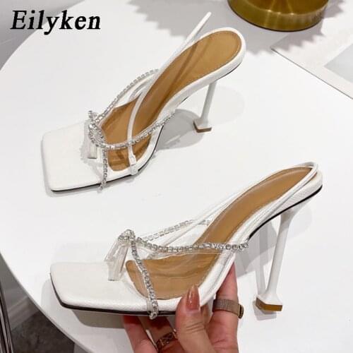 Eilyken Fashion Crystal Rhinestone Sandals Women Summer Square Toe Stiletto High Heels Sexy Nightclub Stripper Shoes Female