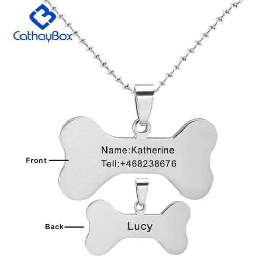 Name Text Personalized Silver Color Stainless Steel Bone Shaped Name Pet ID Tag Dog Cat Pendant Necklace 60cm Long 01