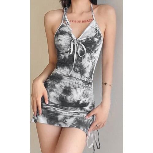 Neck-mounted Spaghetti Strap Sleeveless Tie dye Print Mini Dress Women Sexy Backless Shirring Stretch Slim Party Club Dresses
