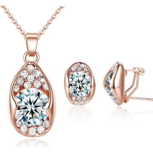 MOONROCY Free Shipping Fashion Crystal Necklace and Earrings Jewelry Set Cubic Zirconia Rose Gold Color Wedding for women