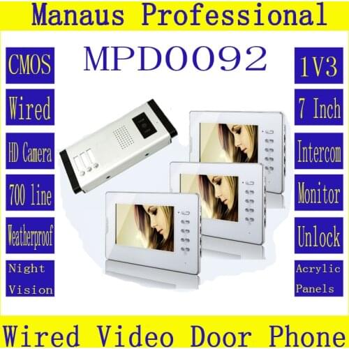 Newest Professional apartment Smart Home 7" LCD Screen Video Intercom Phone,One to Three Video Doorphone Kit Configuration D92a