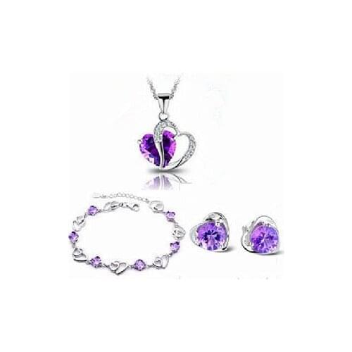 New 2016 heart design 925 sterling silver jewelry set cubic purple crystal necklaces & pendants 45cm