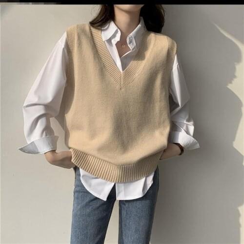Autumn Women Sweater Vest Casual Loose Solid V-Neck Sleeveless Knitted Korean Oversized Female Pullover Waistcoat Tops