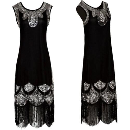 Great Gatsby Dress 1920s Vintage Flapper Sequined Embellished Fringed Sleeve Midi Party Art Deco Double Dress Accessories