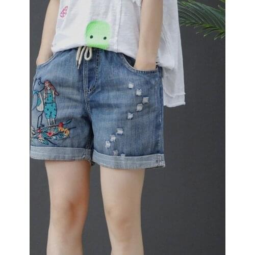 New Arrival Casual Elastic Waist Denim Shorts Summer Women Vintage Ripped Jeans Shorts Patchwork Embroidery Loose