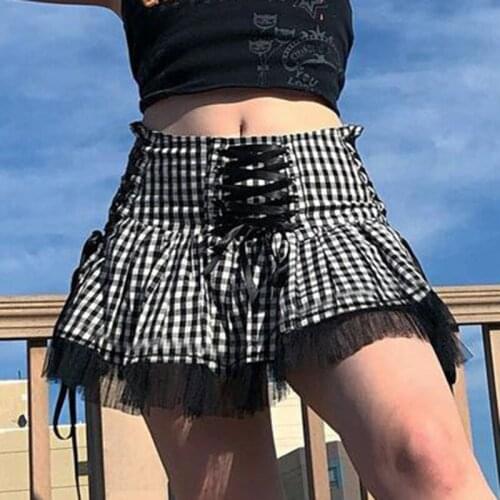SEASONS Bandage Tie Up Black Lace Plaid Pleated Skirts Womens Harajuku Kawaii High Waist Mini Skirt Fashion Streetwear ASSK82426