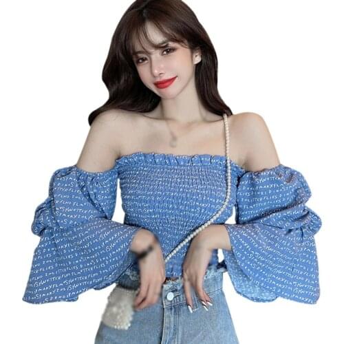 Summer Women Letter Print Off Shoulder Sexy Slim Trumpet Short Sleeve Chiffon Shirt Blouse Women tops