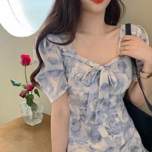 Bella new Elegant Floral Women Summer High Waist V-Neck Vintage Sweet Dress Female Short Sleeve Lady Party Casual Sundress dress