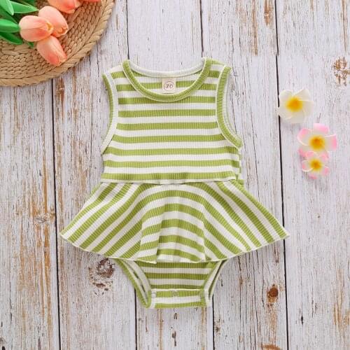 4# Summer Infant Baby Girls Sleeveless Striped Printed Ruffles Bodysuit Romper Jumpsuit Baby Clothes Cotton Outfits 0-24m