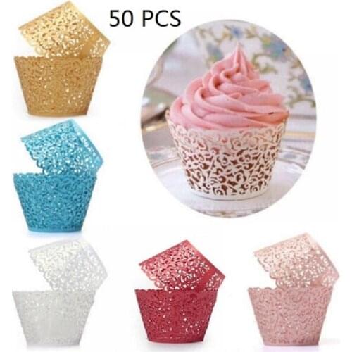 50pcs Lace Laser Cut Cupcake Wrapper Liner Baking Cup Gift Box Moon Cake/ Cupcake Packaging Box Baby Shower Cake Decoration