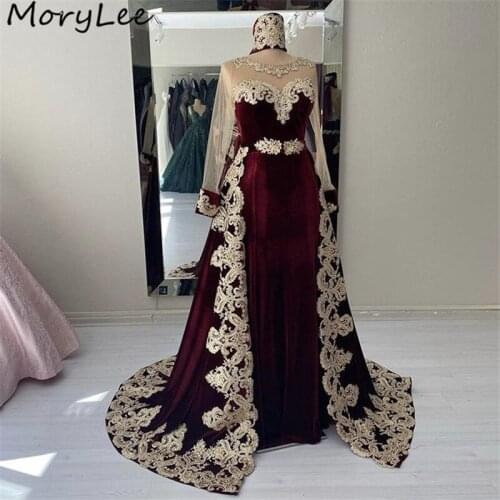 Burgundy Prom Dresses Scoop Long Sleeves Mermaid Lace Applique Velour Prom Dresses With Zipper Back vestidos de fiesta de noche