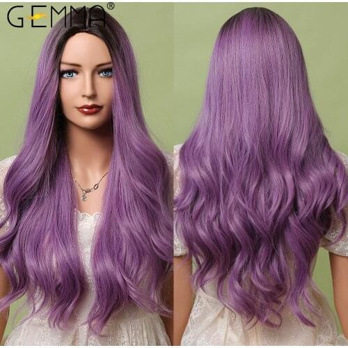 GEMMA Long Wavy Ombre Black Purple Synthetic Wigs for Women Cosplay Daily Party Middle Part Wig High Temperature Lolita Hair Wig