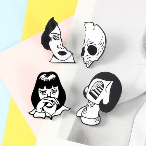 Split Face Enamel Pin Black White Minimalist Couples Abstractionism Brooches Halloween Lapel Pins Badges Punk Jewelry for Women