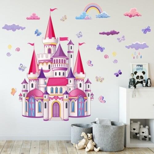 Cartoon Castle Wall Stickers Boy Girl Kids Bedroom Wall Decoration Nursery Mural Chilrdern Room Decor Wallpaper Rainbow Sticker