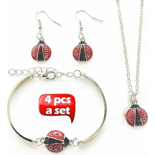 Cute Red Ladybug Insect Jewelry Set Necklace Bracelet Earrings, Fashionable Womens Jewelry Gift