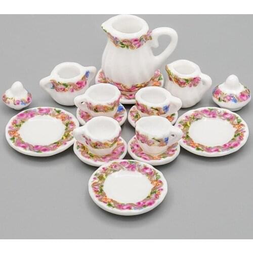 Odoria 1:12 Miniature 15PCS Purple Porcelain Chintz Tea Cup Set Dollhouse Kitchen Accessories