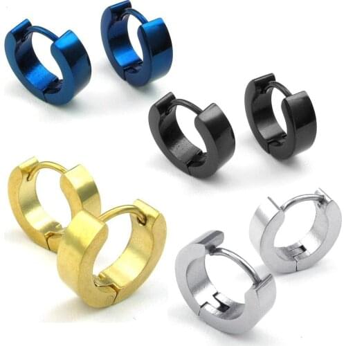 Jewelry Mens Stainless Steel Classic Plain Huggie Hinged Earrings, Black Blue Gold Silver, 4 Pairs 8pcs Gift