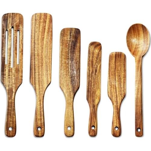 Natural Teak Wooden Kitchen Utensils Set Wooden Spoons with Hanging Hole for Stirring and Mixing 6 Pcs