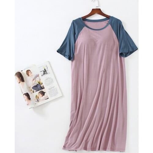 New Patchwork Color Night Womens Shirt Short Sleeve Chest Padded Modal Sleepwear Dress Large Size Loose Nightgowns Female