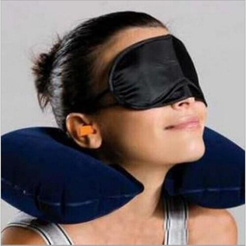 Whole Sale 200pcs/Lot Hot!!! Inflatable Travel Flight Pillow Neck U Rest Air Cushion+ Eye Mask+Earbuds + Carrying Bags